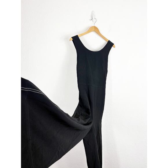 Theory X Back Jumpsuit Size 10 Black Crepe Cross Back Wide Leg Side Stripe - Picture 10 of 13